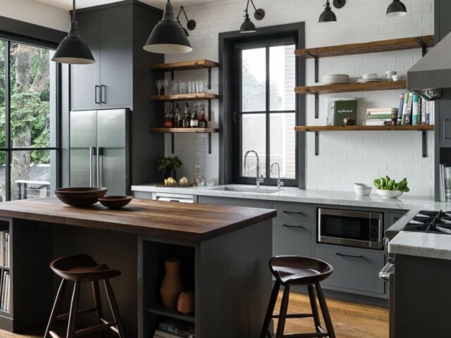 A contemporary kitchen featuring efficient cabinet storage, with a mix of closed cupboards and open shelving, alongside a central island with bookshelf storage space.
