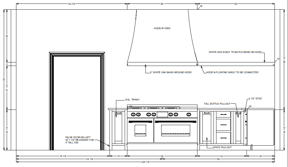 Technical drawing of custom cabinetry designs, detailing dimensions for a kitchen layout with designated storage solutions.